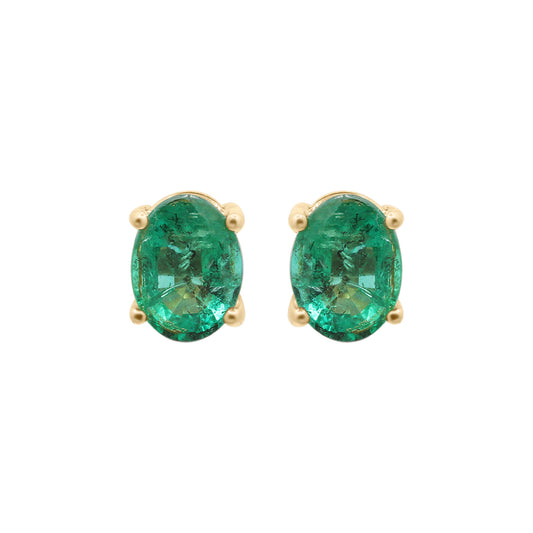 Natural Emerald Oval Cut Gemstone Stud Earrings In 14k Yellow Gold