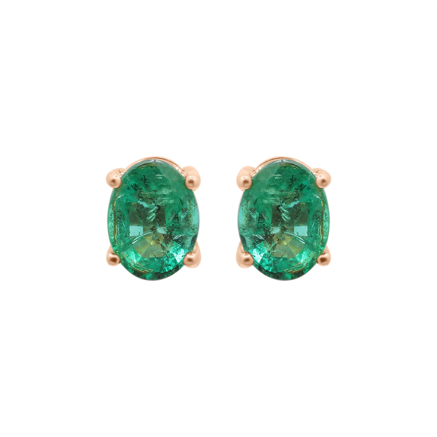 Natural Emerald Oval Cut Gemstone Stud Earrings In 14k Yellow Gold
