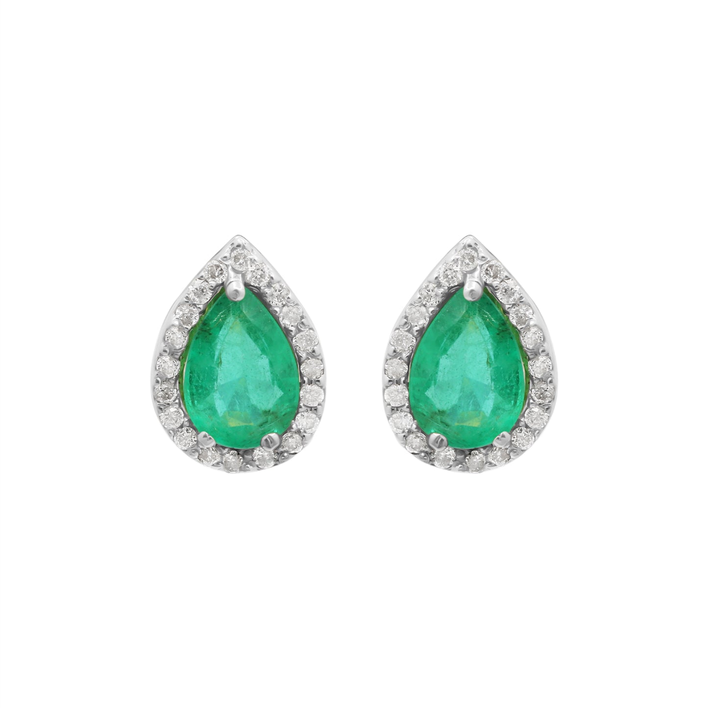 Pear Shaped Natural Emerald And Diamond Stud Earrings In 18k Yellow Gold