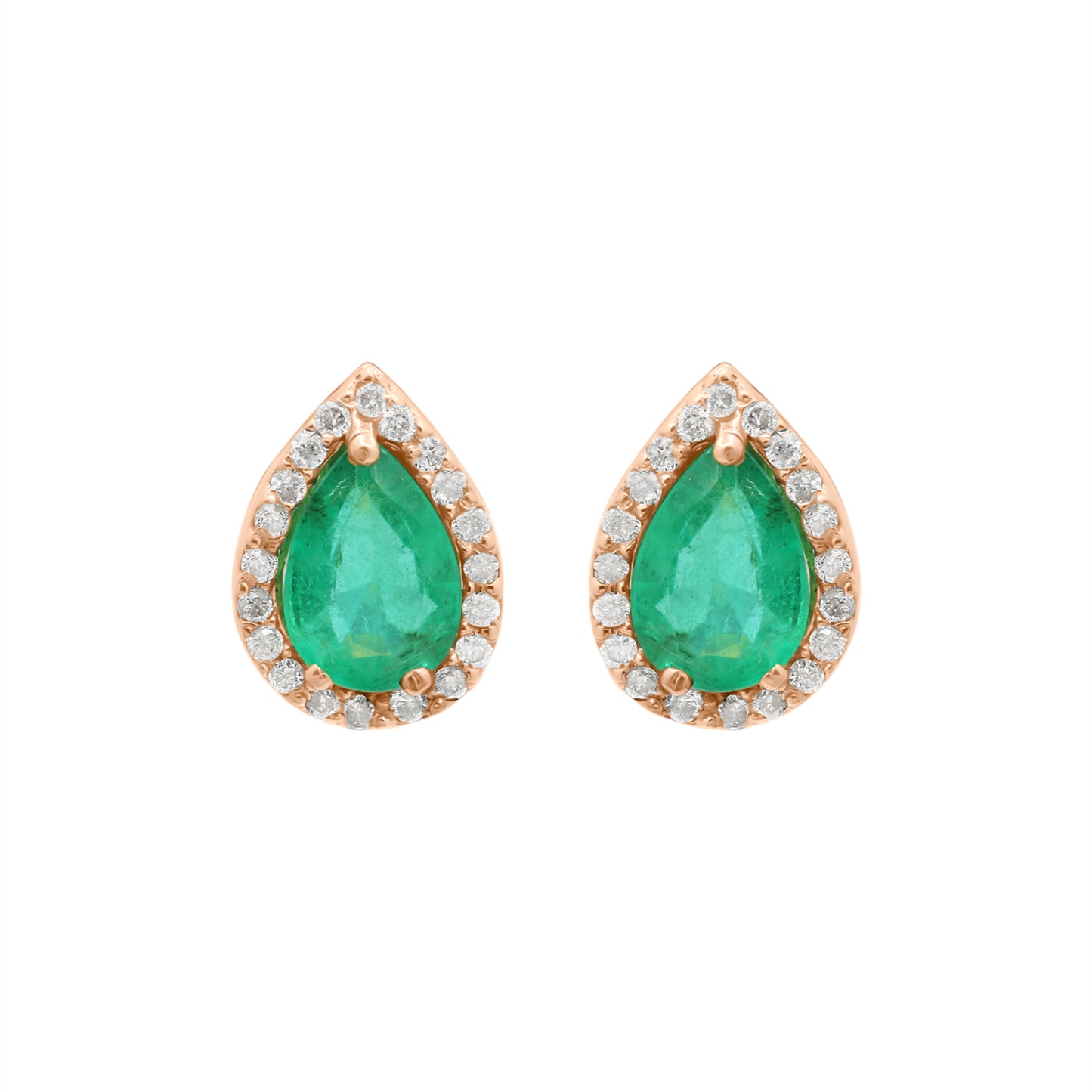 Pear Shaped Natural Emerald And Diamond Stud Earrings In 18k Yellow Gold