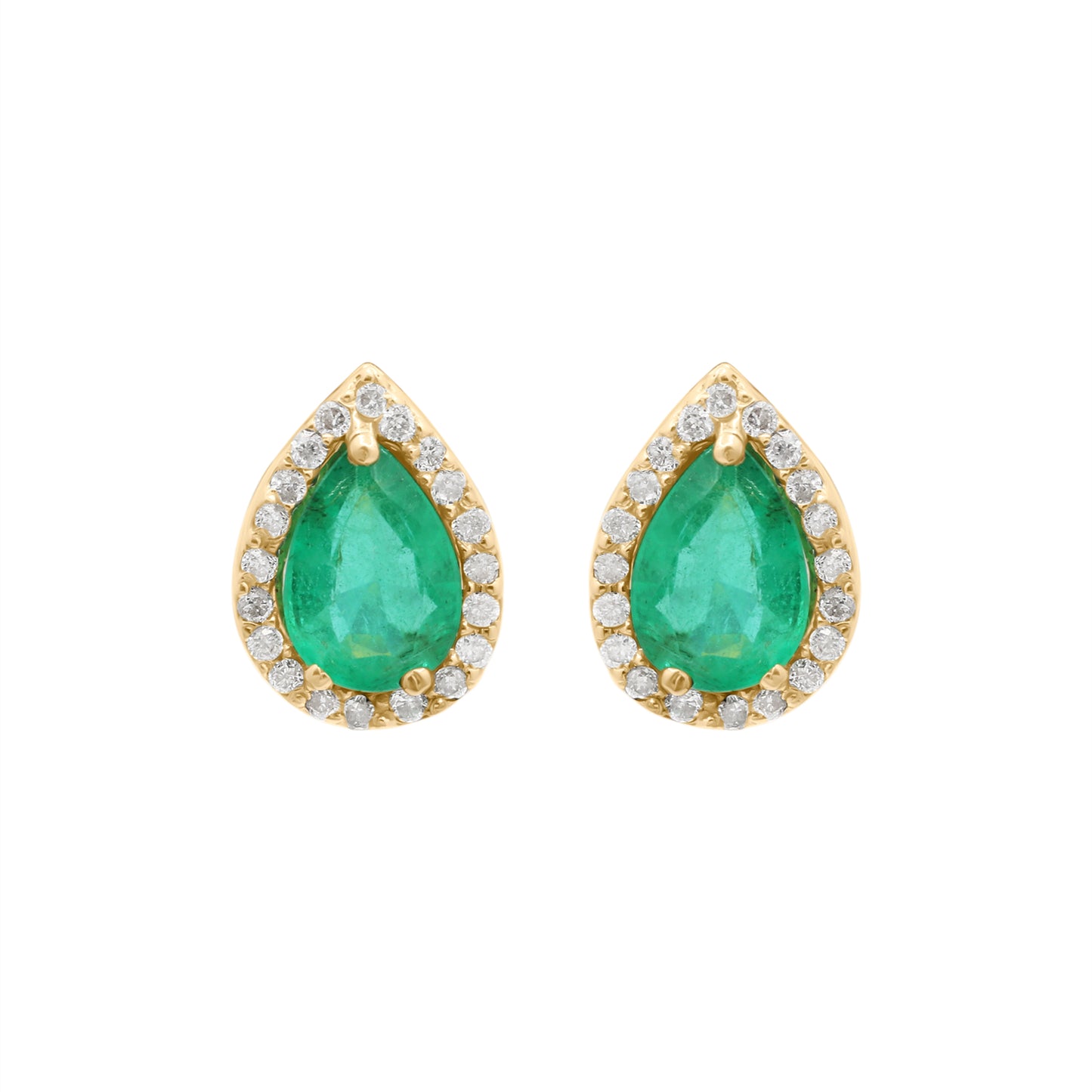 Pear Shaped Natural Emerald And Diamond Stud Earrings In 18k Yellow Gold