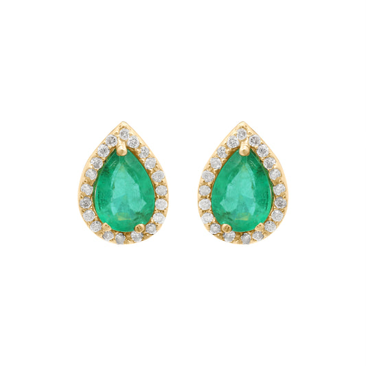 Pear Shaped Natural Emerald And Diamond Stud Earrings In 18k Yellow Gold