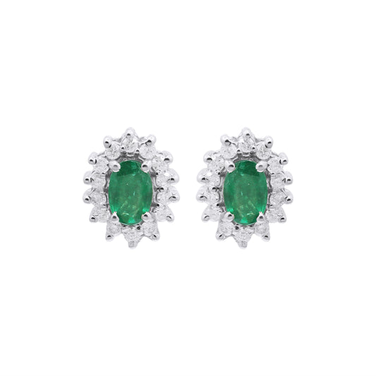 18k Yellow Gold Natural Oval Emerald With Diamond Stud Earrings