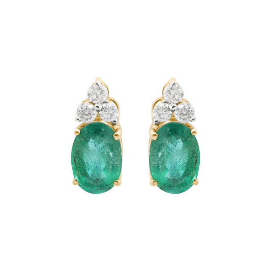 Natural Emerald And Diamond 14k Gold Stud Earring