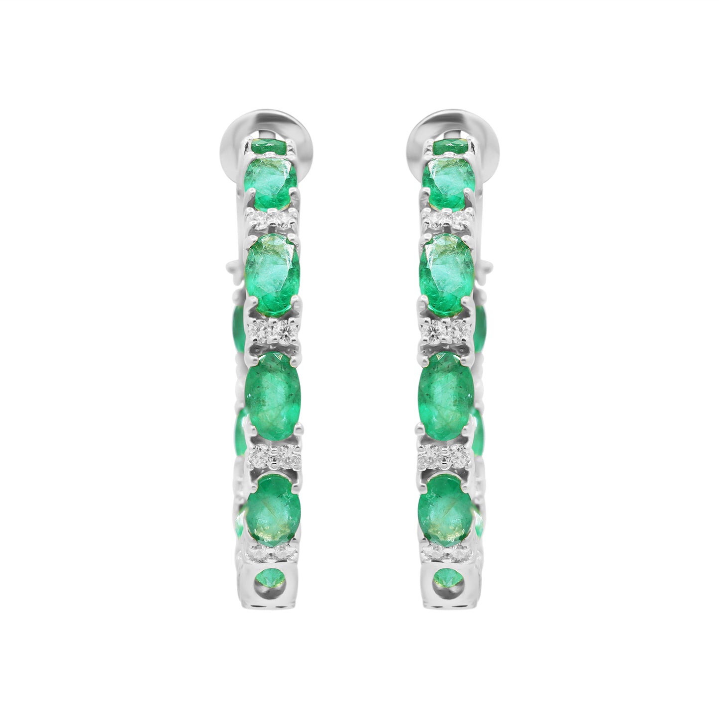 Natural Emerald With Diamond Hoop Earrings In 18k Yellow Gold