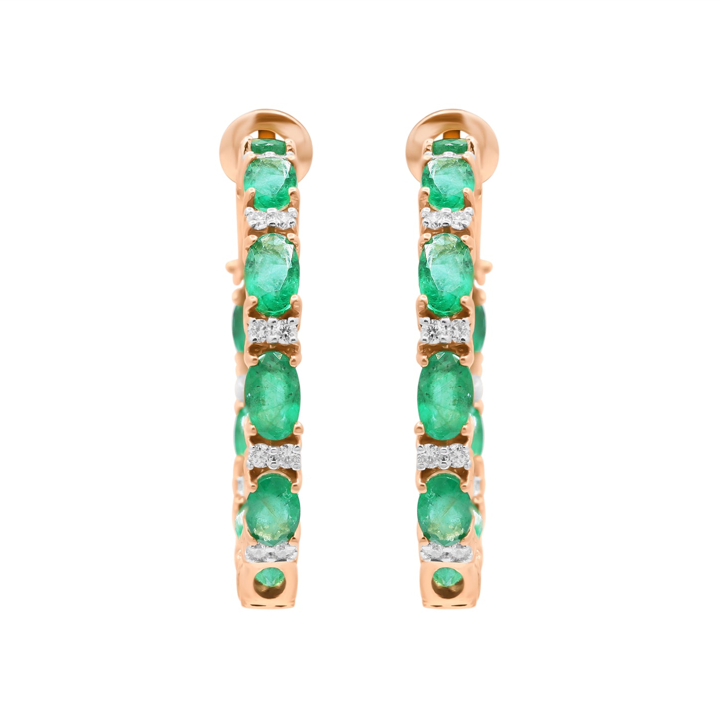 Natural Emerald With Diamond Hoop Earrings In 18k Yellow Gold