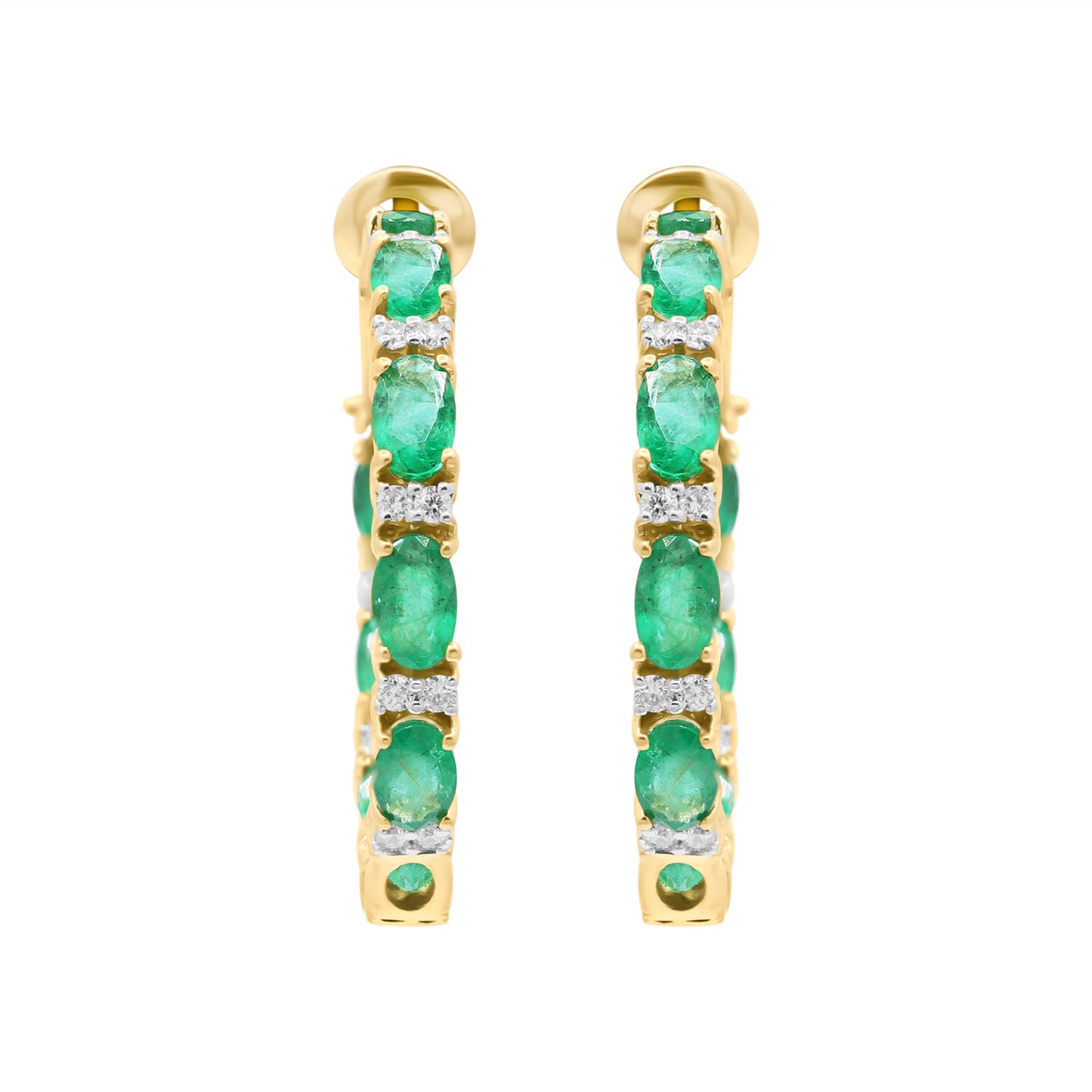 Natural Emerald With Diamond Hoop Earrings In 18k Yellow Gold