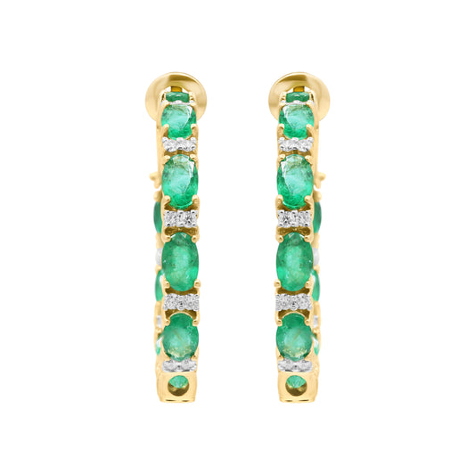 Natural Emerald With Diamond Hoop Earrings In 18k Yellow Gold