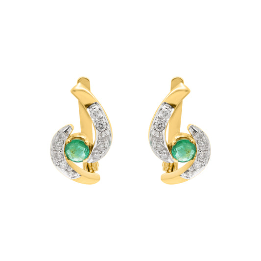 18k Yellow Gold Natural Emerald And Diamond Designer Stud Earrings