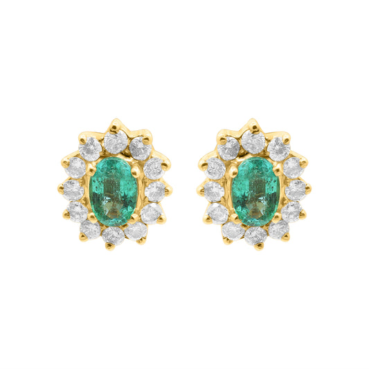 Oval Cut Emerald And Diamond 18k Yellow Gold Stud Earrings