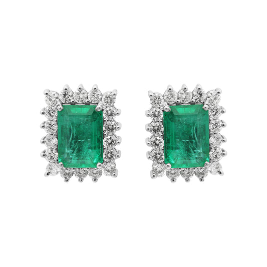 Natural Emerald With Diamond Stud Earrings In 18k White Gold