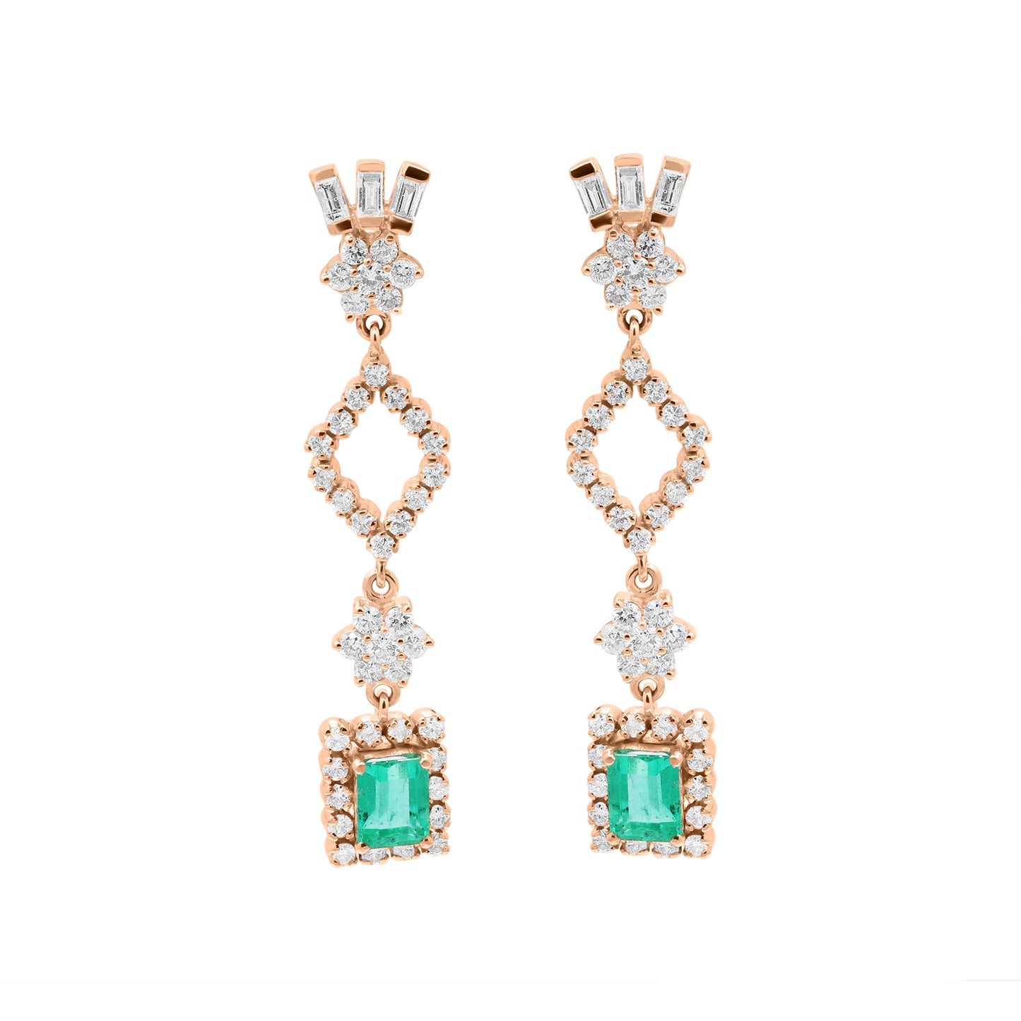Natural Emerald And Diamond 18k White Gold Drop Dangle Earring