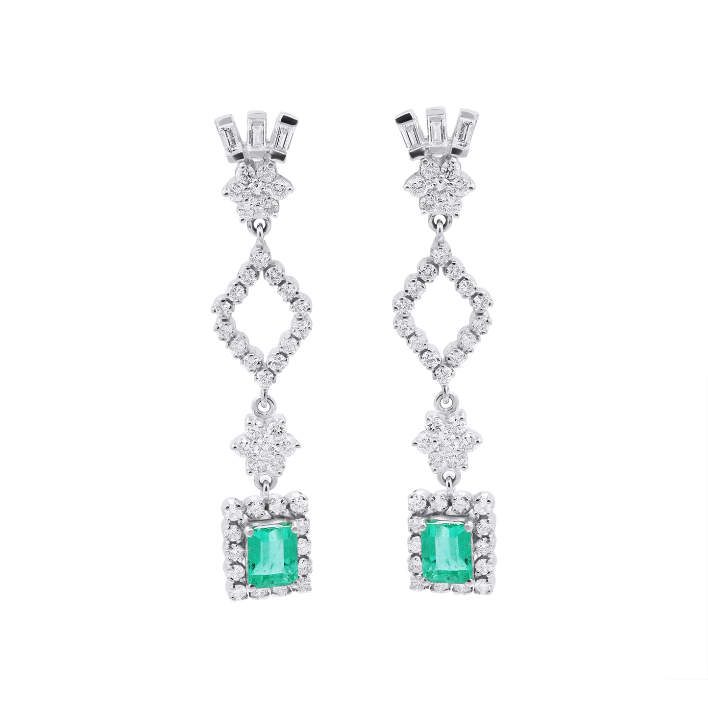 Natural Emerald And Diamond 18k White Gold Drop Dangle Earring