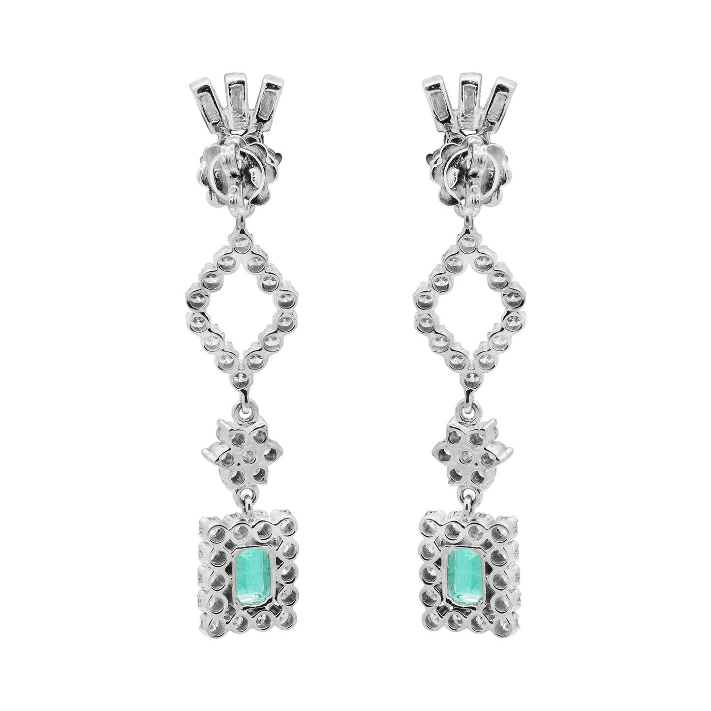Natural Emerald And Diamond 18k White Gold Drop Dangle Earring