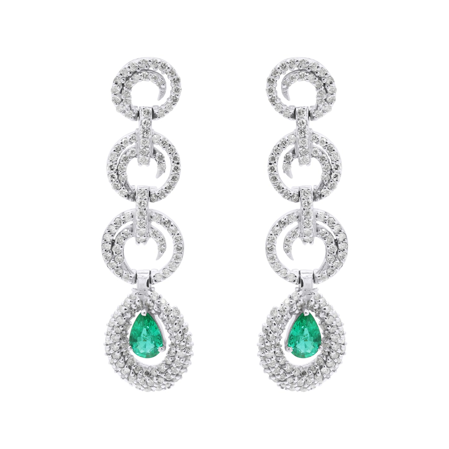 Pear Shaped Natural Emerald And Diamond Drop Dangle Earring In 18k White Gold