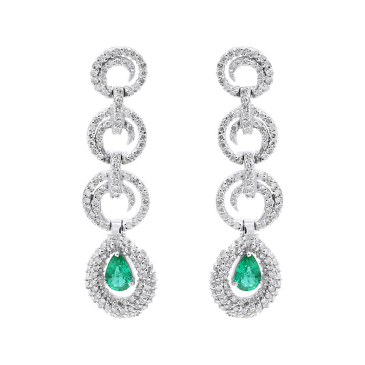 Pear Shaped Natural Emerald And Diamond Drop Dangle Earring In 18k White Gold