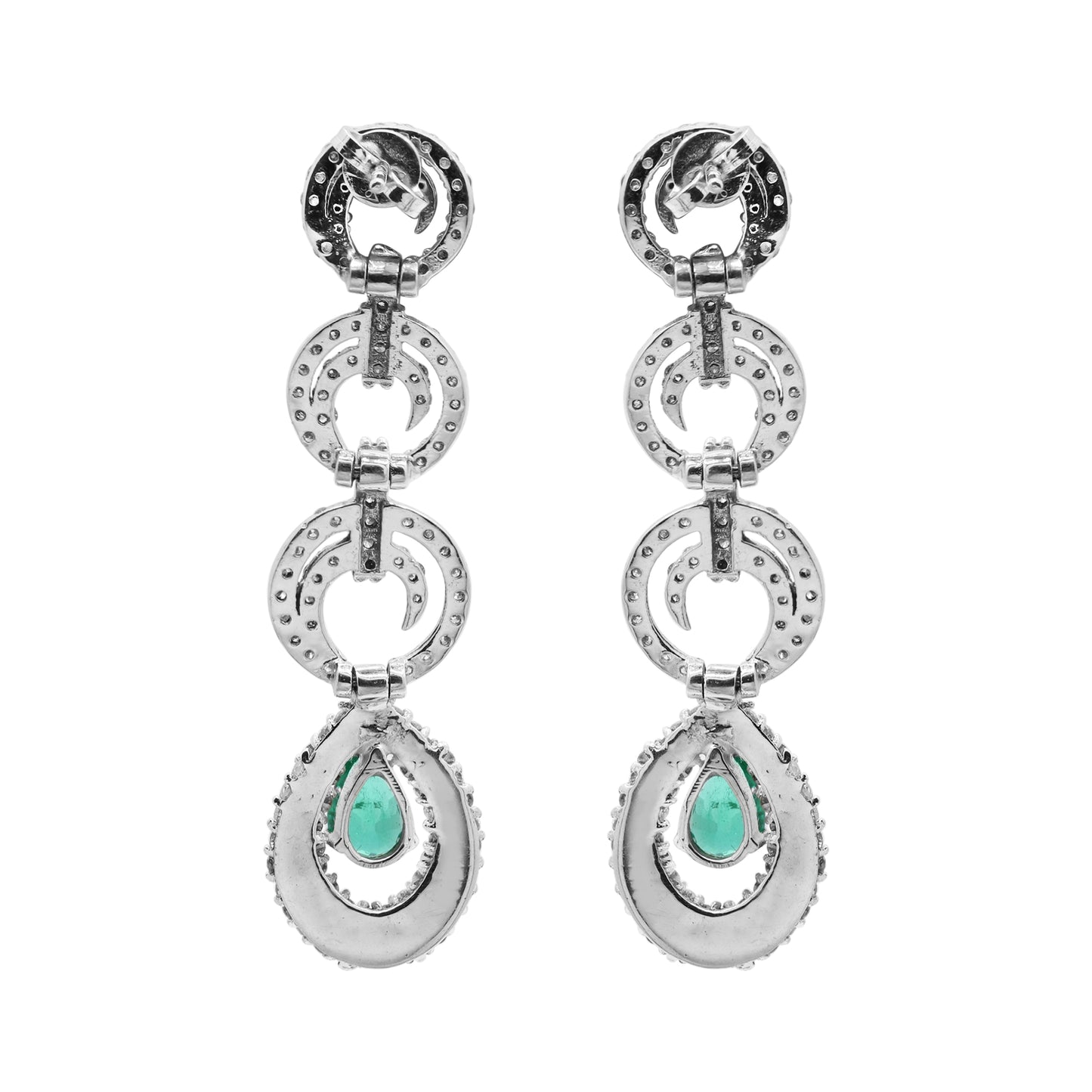 Pear Shaped Natural Emerald And Diamond Drop Dangle Earring In 18k White Gold