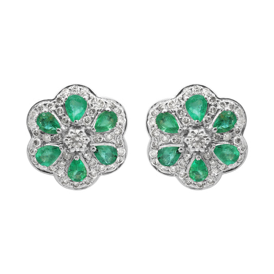 Flower Shaped Natural Emerald With Diamond In 18k Yellow Gold Designer Stud Earrings