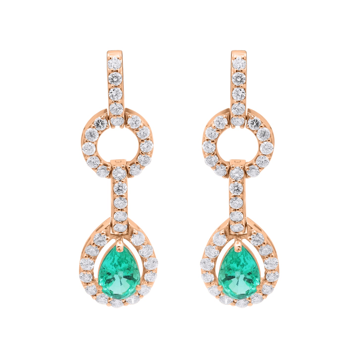 Pear Shaped Natural Emerald Gemstone With Diamond Dangle Earrings In 18k Yellow Gold