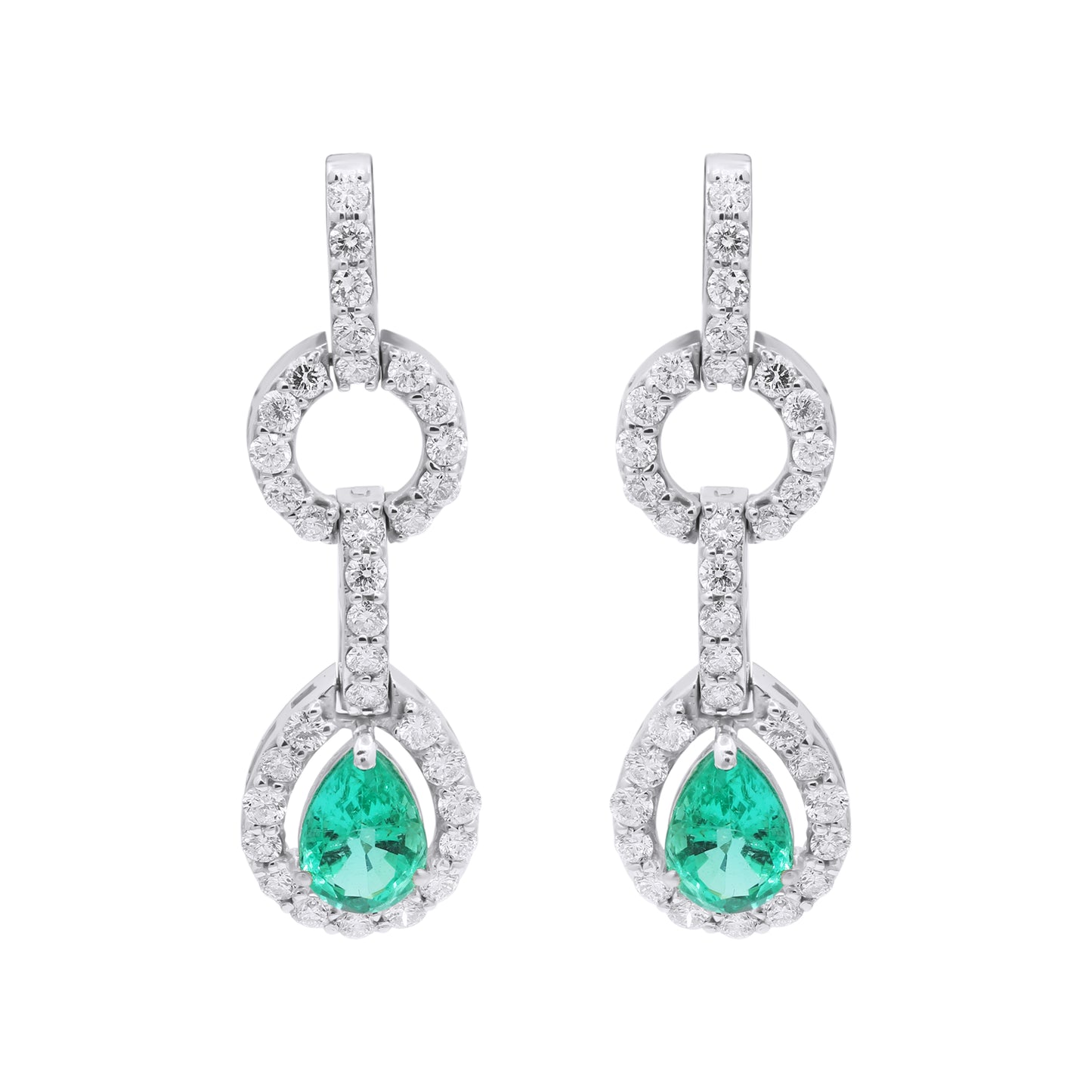 Pear Shaped Natural Emerald Gemstone With Diamond Dangle Earrings In 18k Yellow Gold
