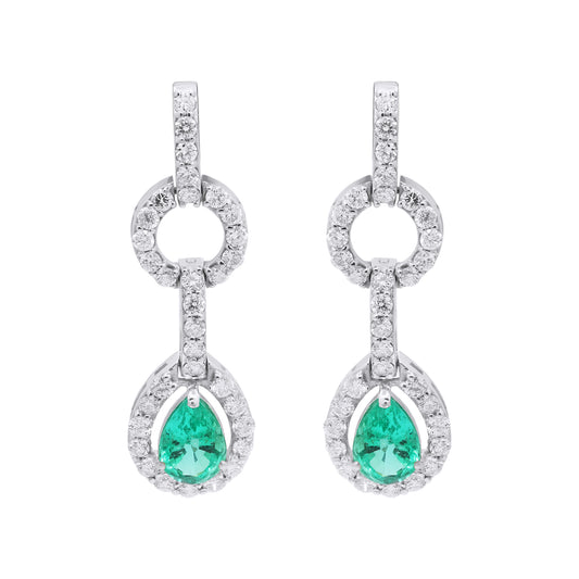 Pear Shaped Natural Emerald Gemstone With Diamond Dangle Earrings In 18k Yellow Gold
