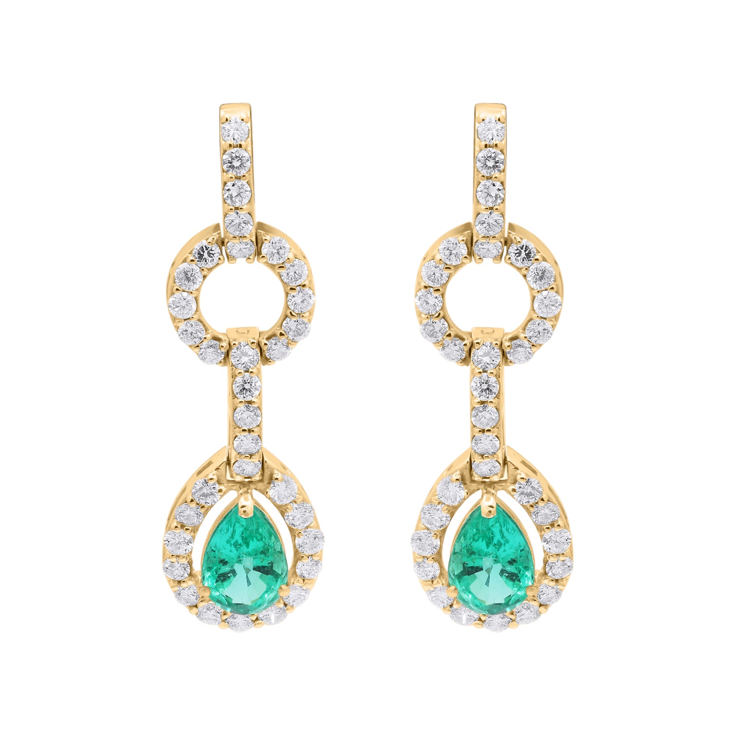 Pear Shaped Natural Emerald Gemstone With Diamond Dangle Earrings In 18k Yellow Gold