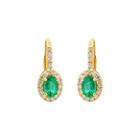 Natural Oval Cut Emerald With Diamond In 18k Yellow Gold Earrings