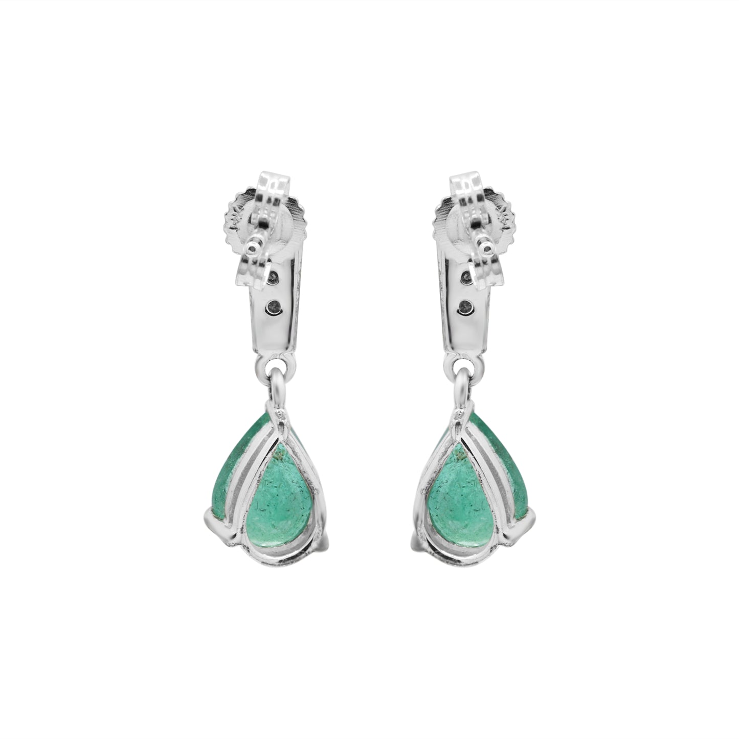 Natural Pear Emerald With Diamond Drop Earrings  In 14k White Gold
