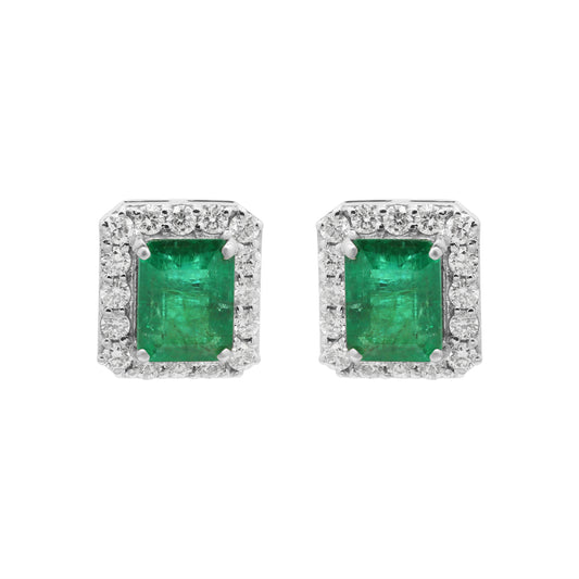 Natural Emerald And Diamond Stud Earrings In 18k White Gold