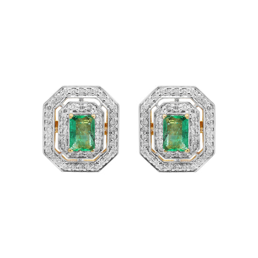 Natural Emerald & Diamond Designer Stud Earrings In 18k Yellow Gold