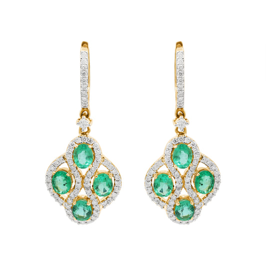 Natural Emerald With Diamond 18k Yellow Gold Designer Drop Earrings