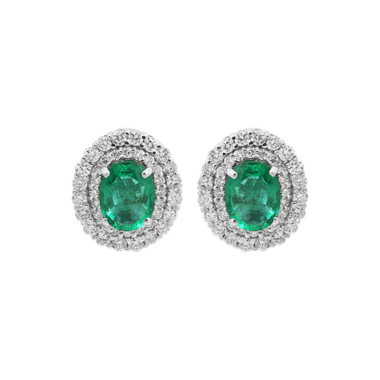 Natural Oval Emerald With Diamond Designer Stud Earrings In 18k White Gold