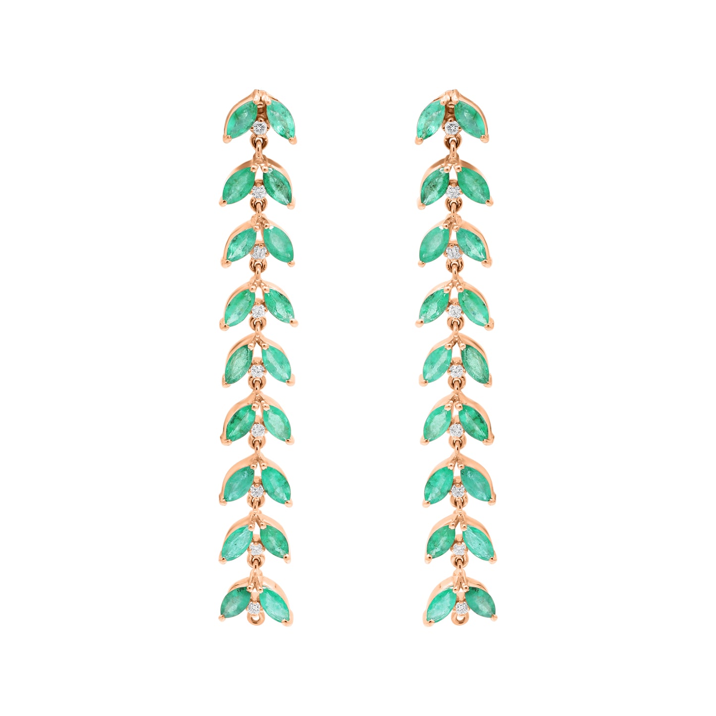 Leaf Shaped Natural Emerald With Diamond Drop Earrings In 18k White Gold
