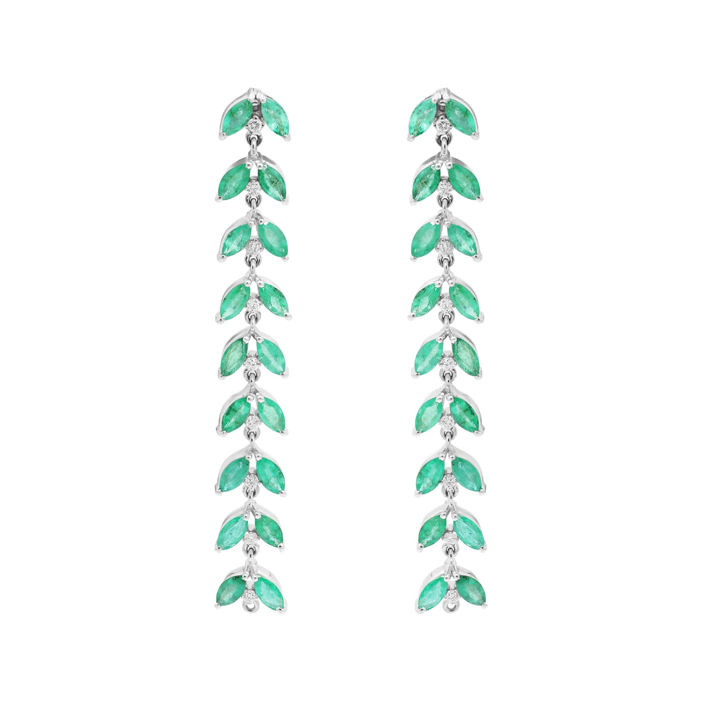 Leaf Shaped Natural Emerald With Diamond Drop Earrings In 18k White Gold