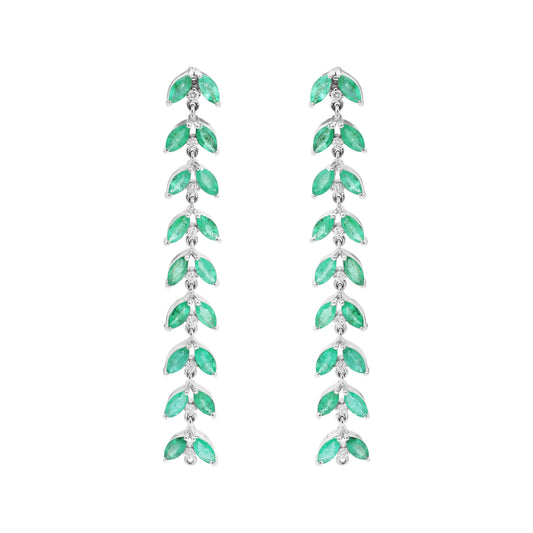 Leaf Shaped Natural Emerald With Diamond Drop Earrings In 18k White Gold