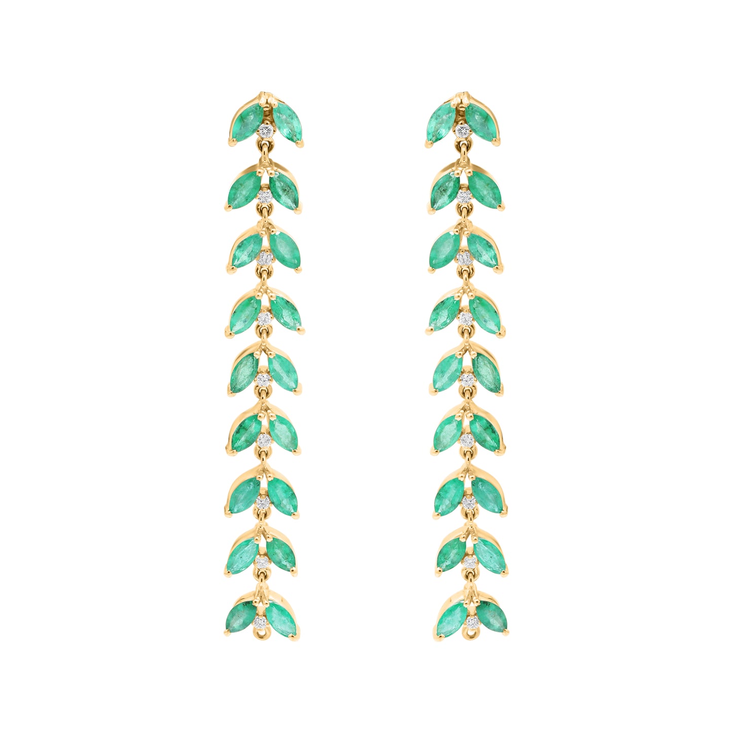 Leaf Shaped Natural Emerald With Diamond Drop Earrings In 18k White Gold