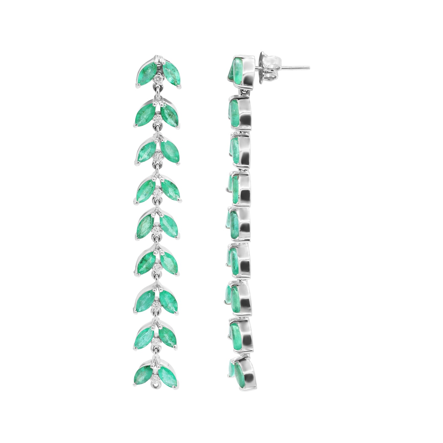Leaf Shaped Natural Emerald With Diamond Drop Earrings In 18k White Gold