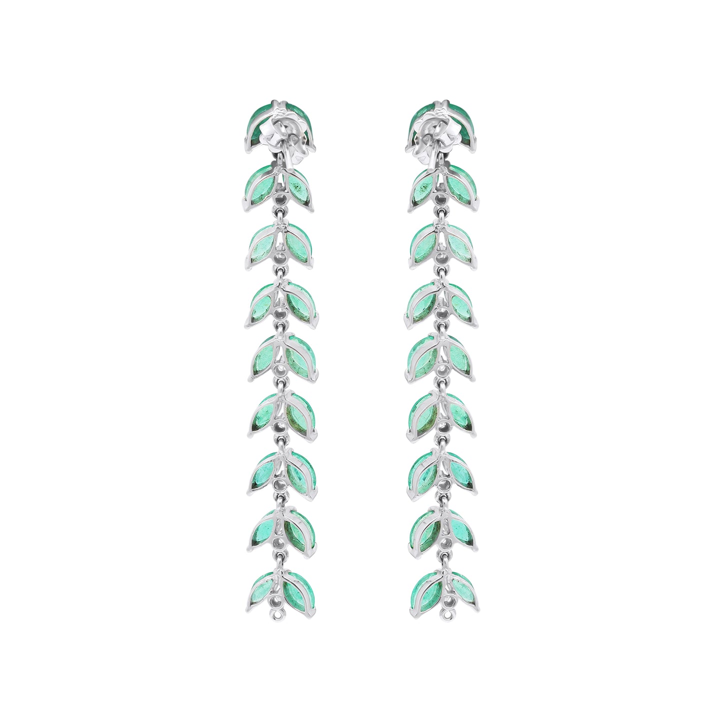 Leaf Shaped Natural Emerald With Diamond Drop Earrings In 18k White Gold