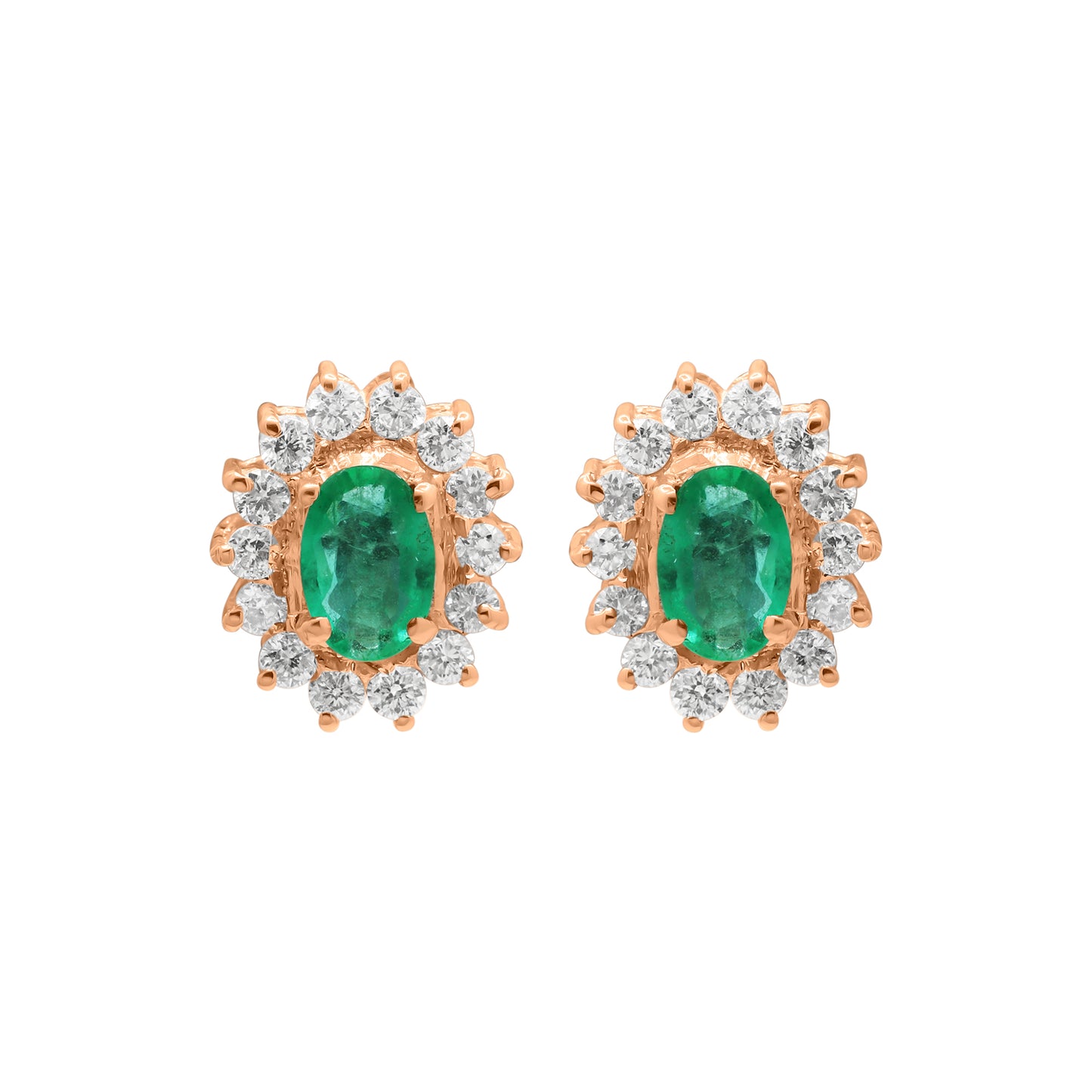 Natural Emerald With Diamond Stud Earrings In 18k White Gold