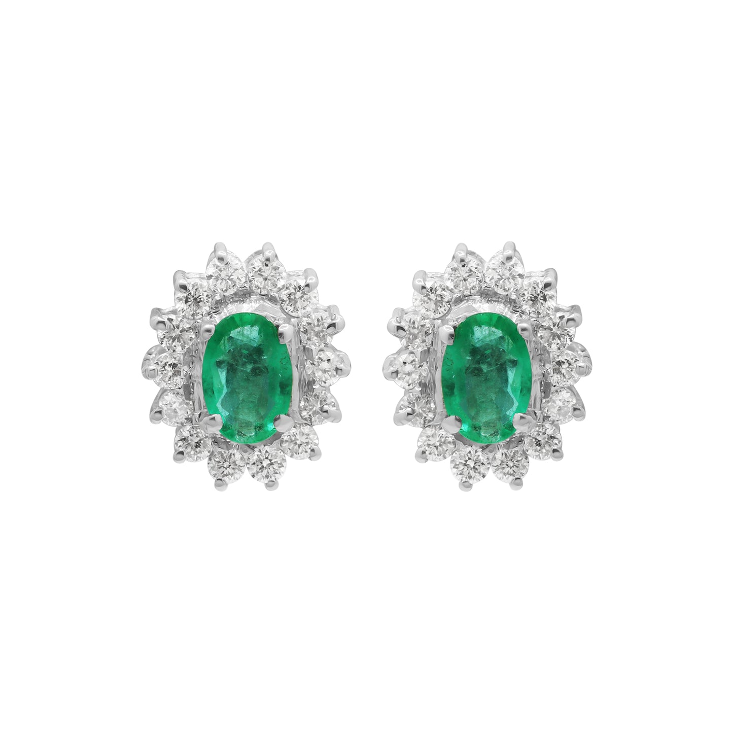 Natural Emerald With Diamond Stud Earrings In 18k White Gold
