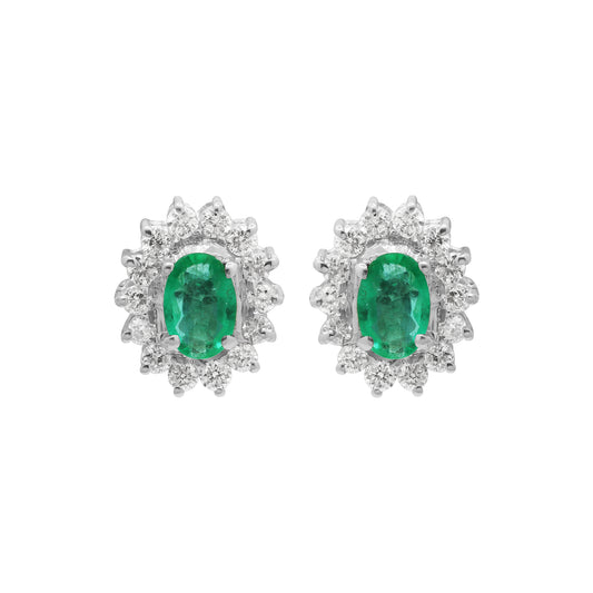 Natural Emerald With Diamond Stud Earrings In 18k White Gold