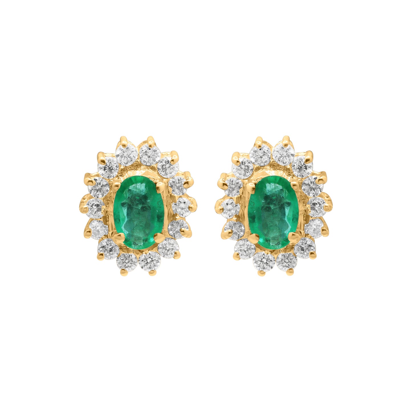 Natural Emerald With Diamond Stud Earrings In 18k White Gold