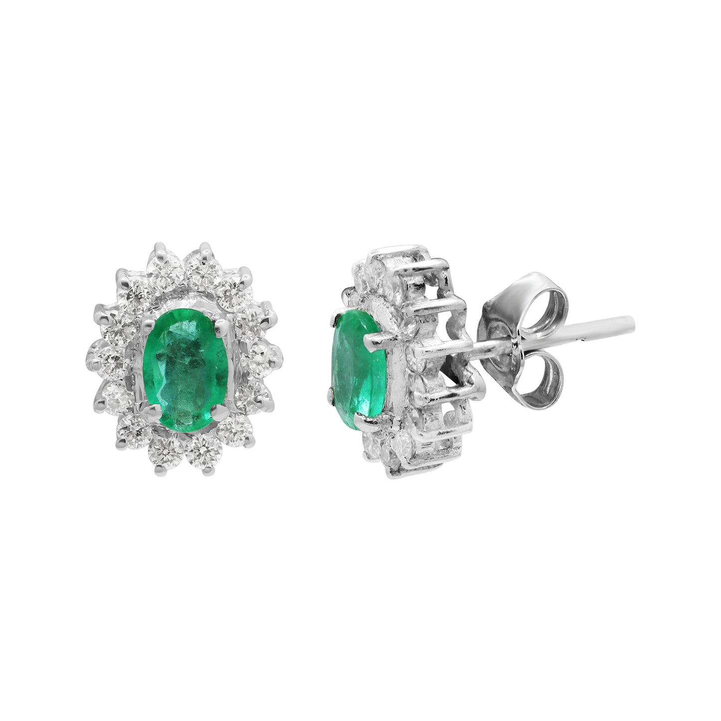Natural Emerald With Diamond Stud Earrings In 18k White Gold