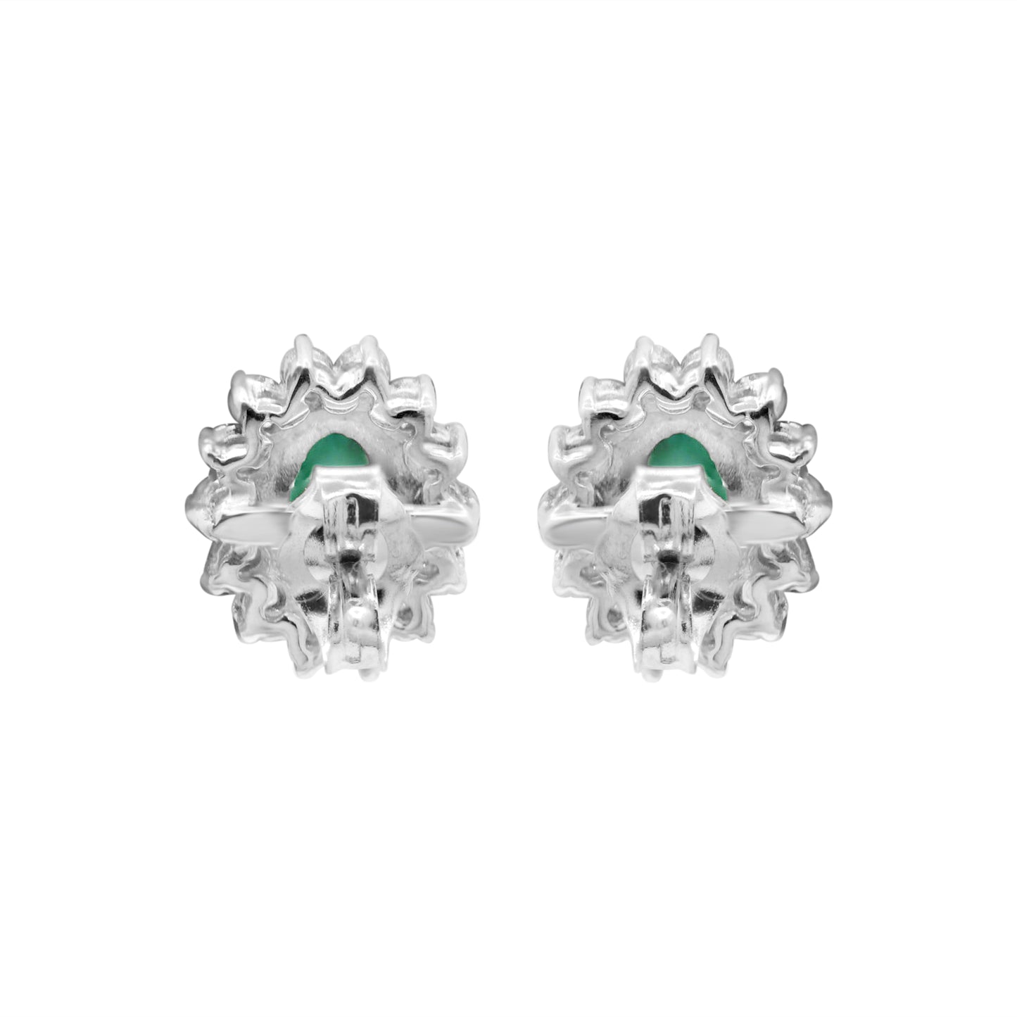 Natural Emerald With Diamond Stud Earrings In 18k White Gold