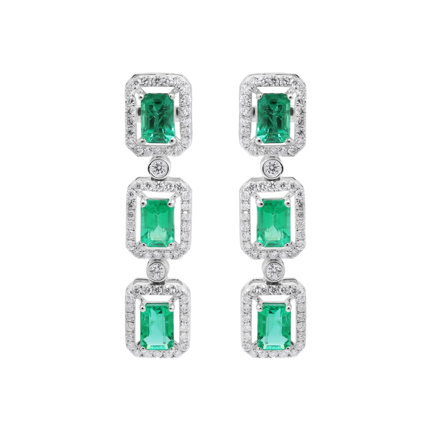 Natural Emerald With Diamond Handmade Designer Drop Earrings In 18k White Gold
