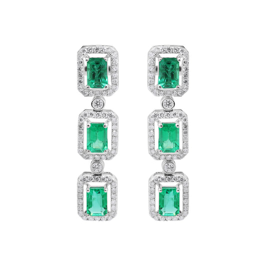 Natural Emerald With Diamond Handmade Designer Drop Earrings In 18k White Gold