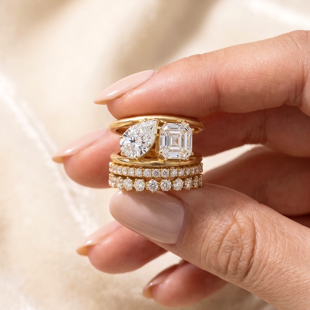 CZ Stacking Band Ring, Yellow Gold Plated Sterling Silver Ring, Two Stone Wedding Band Set, Stackable Anniversary Ring, Bridal Jewelry