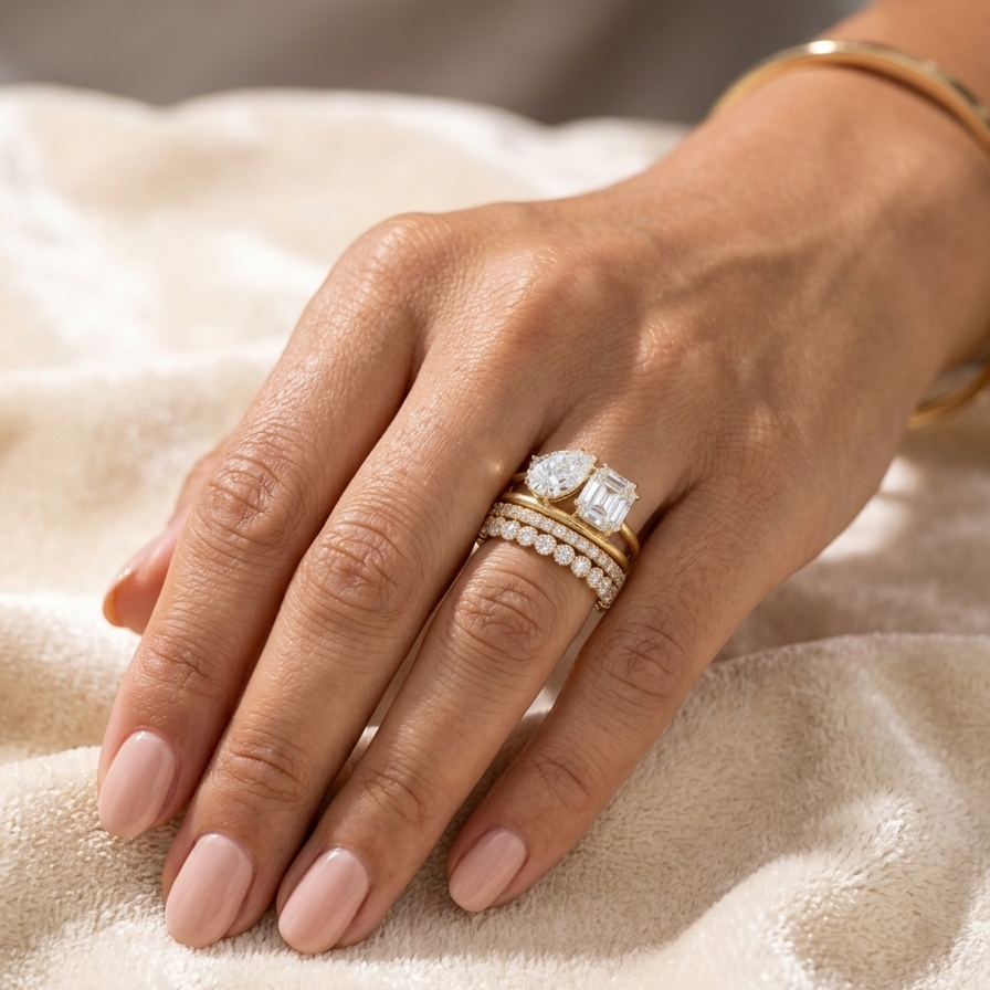 CZ Stacking Band Ring, Yellow Gold Plated Sterling Silver Ring, Two Stone Wedding Band Set, Stackable Anniversary Ring, Bridal Jewelry