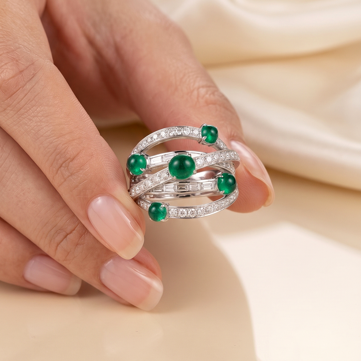 Green Emerald & CZ Statement Ring, 925 Sterling Silver Multi Band Ring, Round Emerald Cocktail Ring, Wide Anniversary Ring, Gift for Her