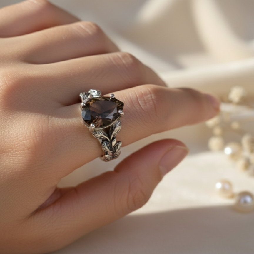 Natural Smoky Quartz Leaf Branch Ring | Handmade 925 Sterling Silver Ring | Minimalist Fine Jewelry.